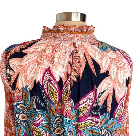 Umgee Rust Blue Floral Print Boho Dress Sz SMALL Bell Cuff Flowy Bohemian Fall - Picture 5 of 9